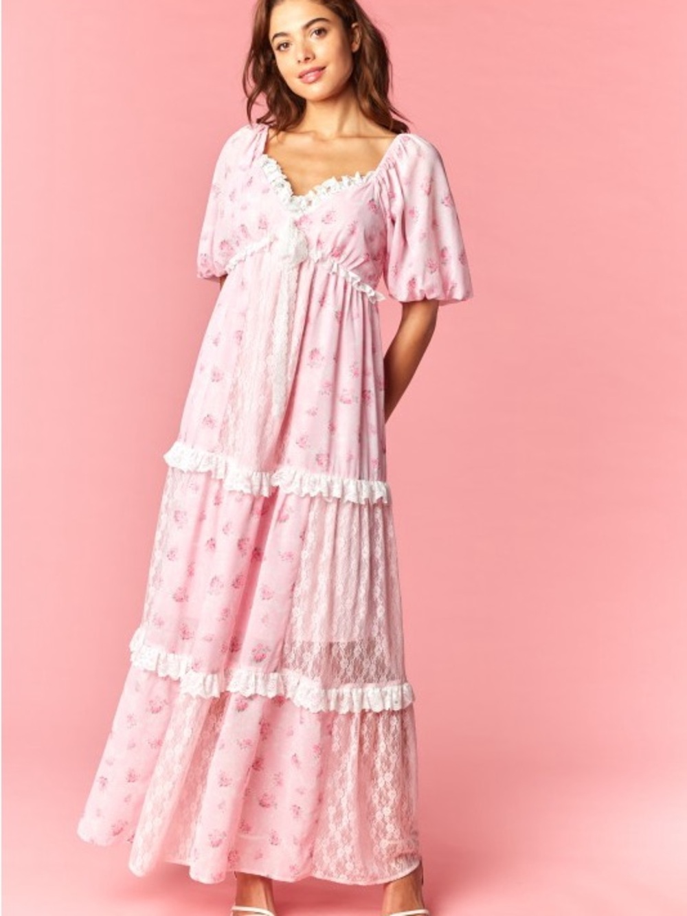 Pink Lace Tiered Maxi Dress with Puff Sleeves - Picture 7 of 14